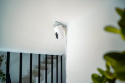 A white home monitoring security camera