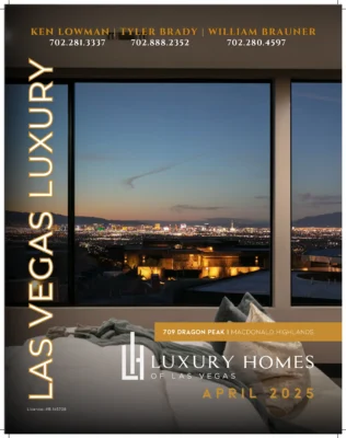 A magazine cover for "Luxury Homes of Las Vegas" features a sunset cityscape view from an upscale living room with large windows, capturing the essence of Las Vegas real estate. Realtor names and contact info appear above, highlighting MacDonald Highlands and April 2025 edition.
